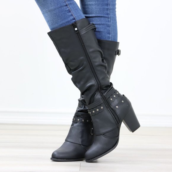 Motorcycle Heeled Boots For Rocker Biker Girls Below The Knee Black Faux Leather - Picture 7 of 14